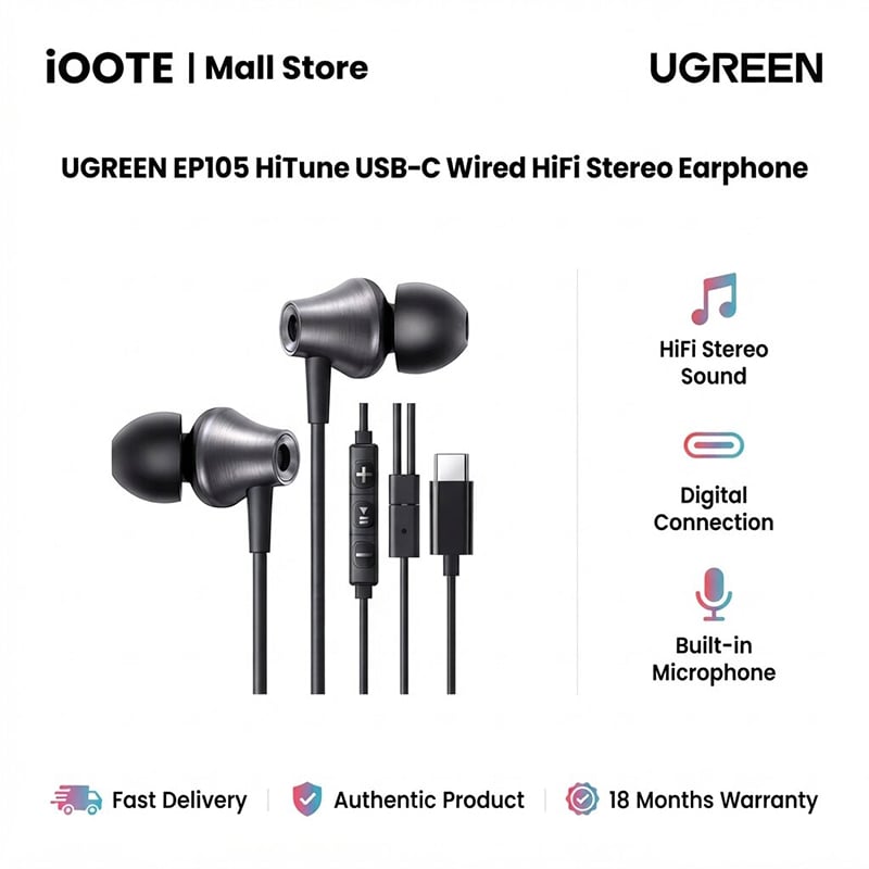 Picture of UGREEN EP105 HiTune USB-C Wired HiFi Stereo Earphones with Microphone & Volume Control | Compatible with iPhone 16/15, Galaxy S25/S24/S23, iPad & Pixel | 18 Months Warranty - Black