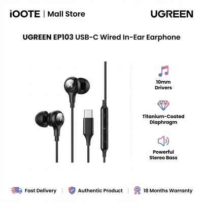 Picture of UGREEN EP103 USB-C Wired In-Ear Earphones with 10mm HiFi Drivers, Stereo Bass, Microphone & Inline Controls | 18 Months Warranty - Black