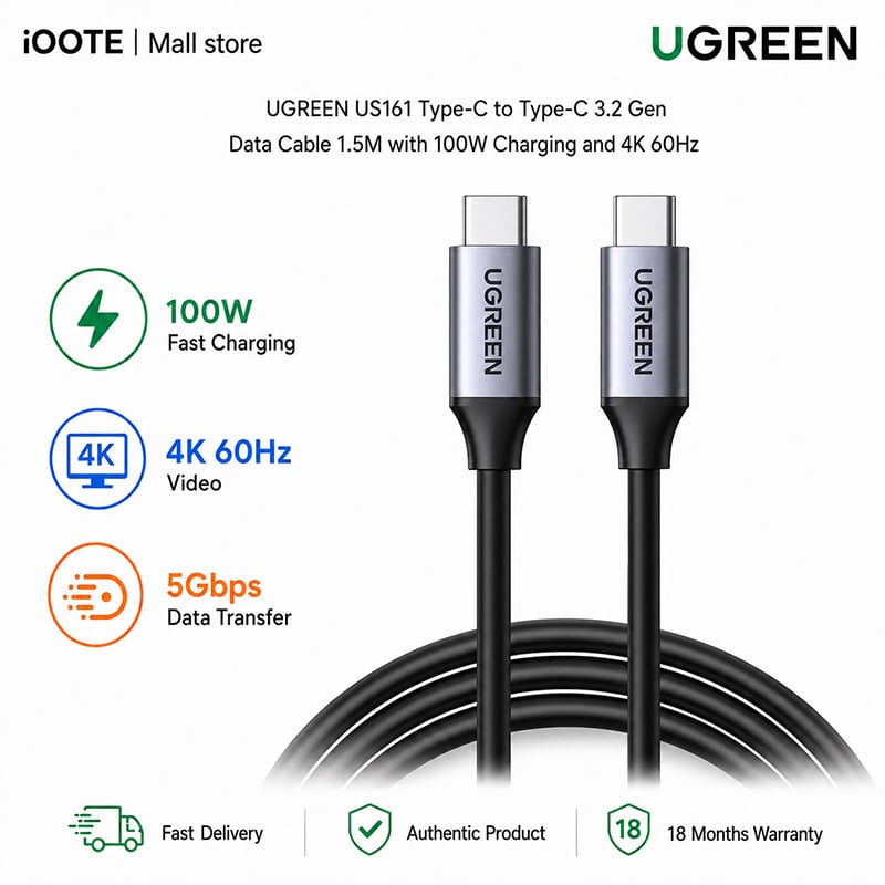 Picture of UGREEN US161 Type-C to Type-C 3.1 Gen Data Cable 1.5M with 100W Charging and 4K 60Hz | 18 Months warranty - Black