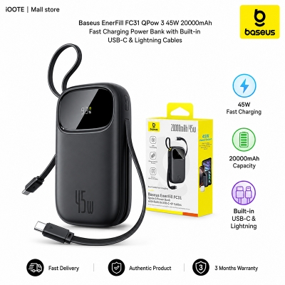 Picture of Baseus EnerFill FC31 QPow 3 45W 20000mAh Fast Charging Power Bank with Built-in USB-C & Lightning Cables, Digital Display | 3 Months Warranty - Black