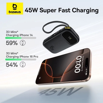 Picture of Baseus EnerFill FC31 QPow 3 45W 20000mAh Fast Charging Power Bank with Built-in USB-C & Lightning Cables, Digital Display | 3 Months Warranty - Black