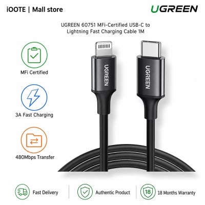 Picture of UGREEN 60751 MFi-Certified USB-C to Lightning Fast Charging Cable 1M | 3A, 480Mbps Data Transfer | 18 Months Warranty - Black