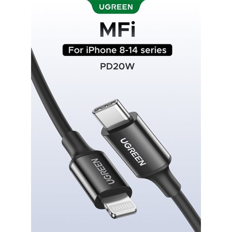 Picture of UGREEN 60751 MFi-Certified USB-C to Lightning Fast Charging Cable 1M | 3A, 480Mbps Data Transfer | 18 Months Warranty - Black