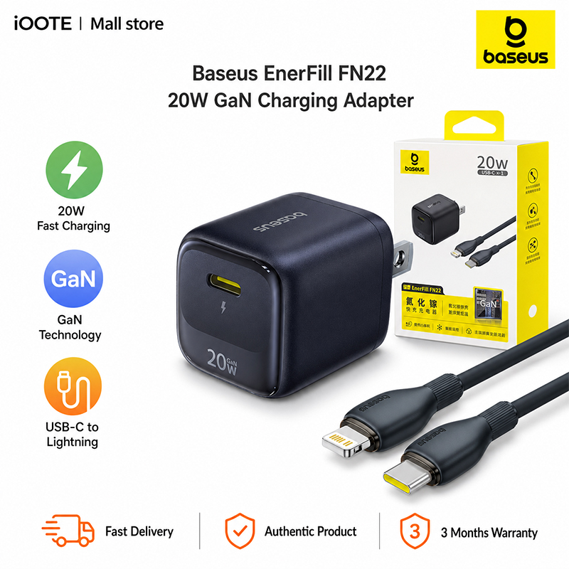 Picture of Baseus EnerFill FN22 20W Gan Charging Adapter with Type-C to Lightning Cable | 3 Months Warranty - Black