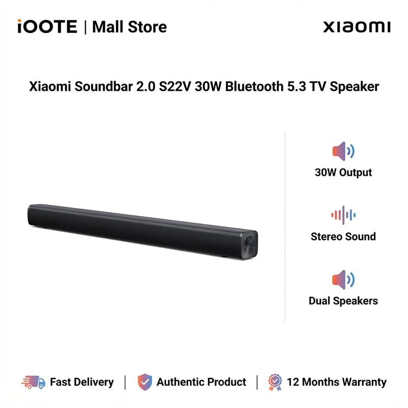 Picture of Xiaomi Soundbar 2.0 S22V 30W Bluetooth 5.3 TV Speaker with Optical, S/PDIF & AUX Connectivity | UK Version | 12 Months Official Warranty - Black