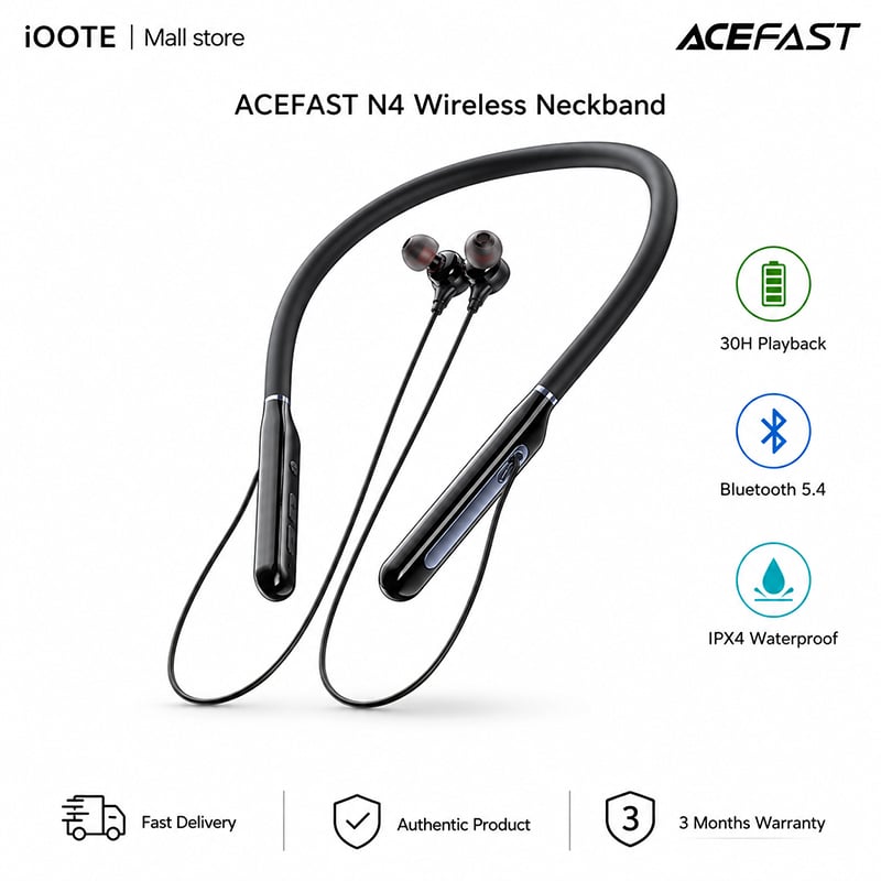 Picture of ACEFAST N5 Wireless Neckband Earphones with Bluetooth 5.4, 10mm Drivers, 30H Playback & IPX4 | 3 Months Warranty - Black
