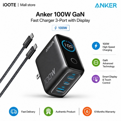 Picture of Anker 100W GaN Fast Charger 3-Port with Display & Cable for laptop, MacBook, iPhone & iPad | 6 Months Warranty - Black