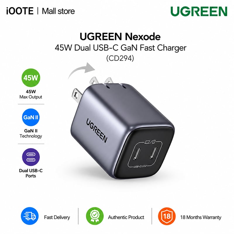Picture of UGREEN Nexode 45W Dual USB-C GaN Fast Charger (CD294) for iPhone, Samsung, Pixel, iPad & MacBook | 18 Months Warranty - Black