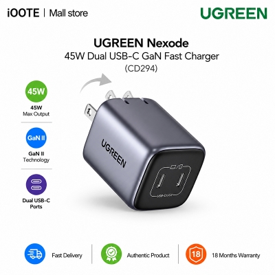 Picture of UGREEN Nexode 45W Dual USB-C GaN Fast Charger (CD294) for iPhone, Samsung, Pixel, iPad & MacBook | 18 Months Warranty - Black
