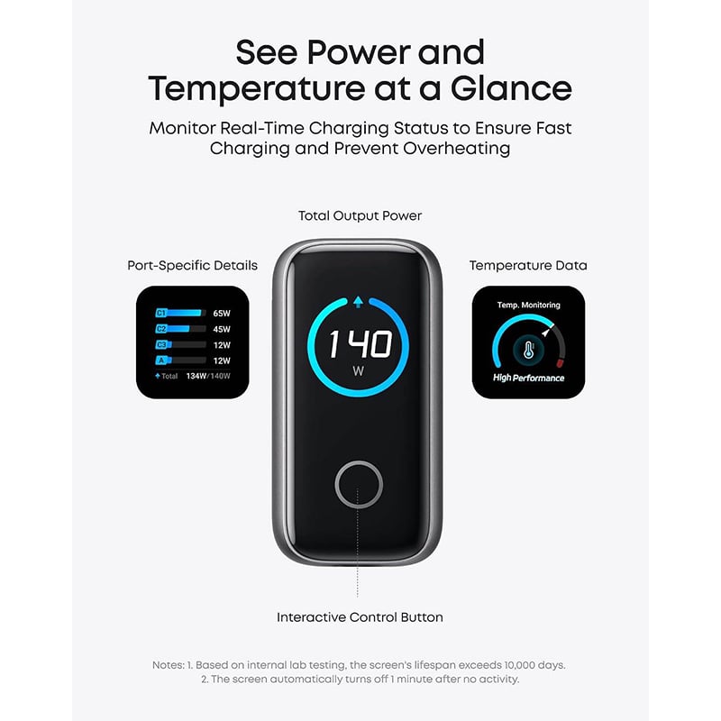Picture of Anker 140W Max 4-Port GaN Fast Charger with Smart Display & Touch Control USB-C Cable | 6 Months Warranty - Grey