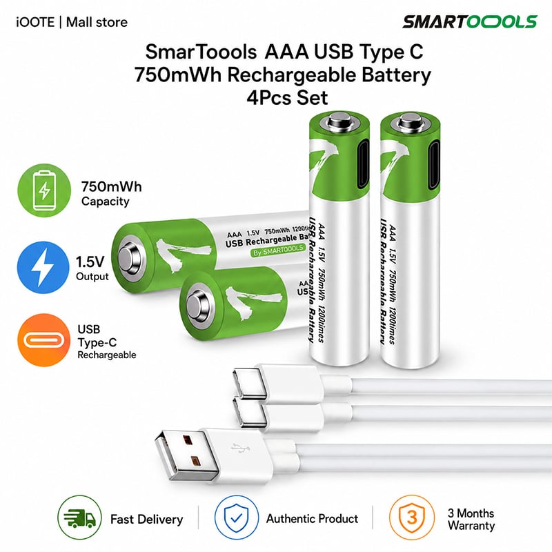 Picture of [Original] SmarToools AAA USB Type C 750mWh Rechargeable Battery 4Pcs Set - Multicolor