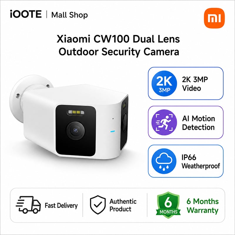 Picture of Xiaomi CW100 Dual Lens Outdoor Security Camera 2K 3MP WiFi CCTV, 180° Wide Angle, AI Motion Detection & IP66 Waterproof | 6 Months warranty - White