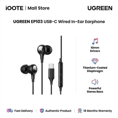 Picture of UGREEN EP103 USB-C Wired In-Ear Earphones with 10mm HiFi Drivers, Stereo Bass, Microphone & Inline Controls | 18 Months Warranty - Black