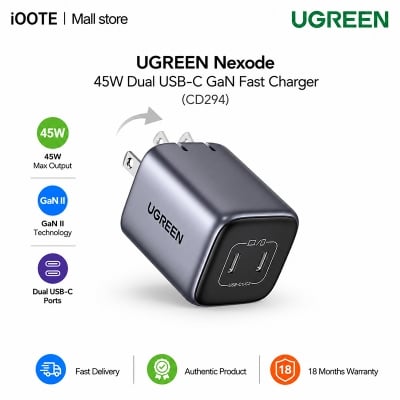 Picture of UGREEN Nexode 45W Dual USB-C GaN Fast Charger (CD294) for iPhone, Samsung, Pixel, iPad & MacBook | 18 Months Warranty - Black