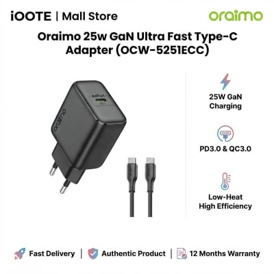 Picture of Oraimo 25w GaN Ultra Fast Type-C Adapter (OCW-5251ECC) | 12 Months Warranty - Black