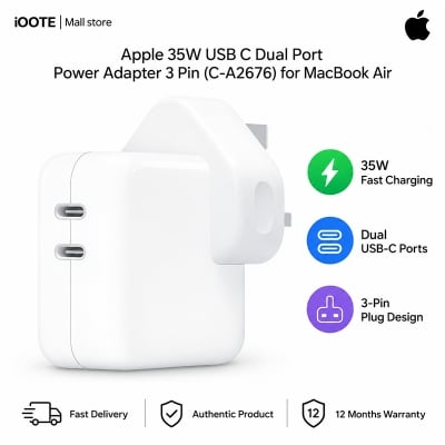 Picture of [Original] Apple 35W USB C Dual Port Power adapter 3 pin (C-A2676) for MacBook Air, iPad, iPhone & Apple Watch | 12 Months Warranty - White