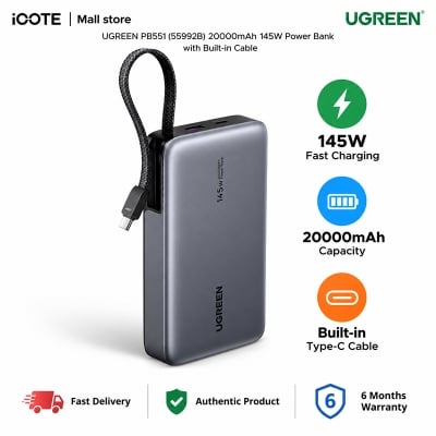 Picture of UGREEN PB551 (55992B) 20000mAh 145W Power Bank with Built-in Cable | 6 Months Warranty - Black