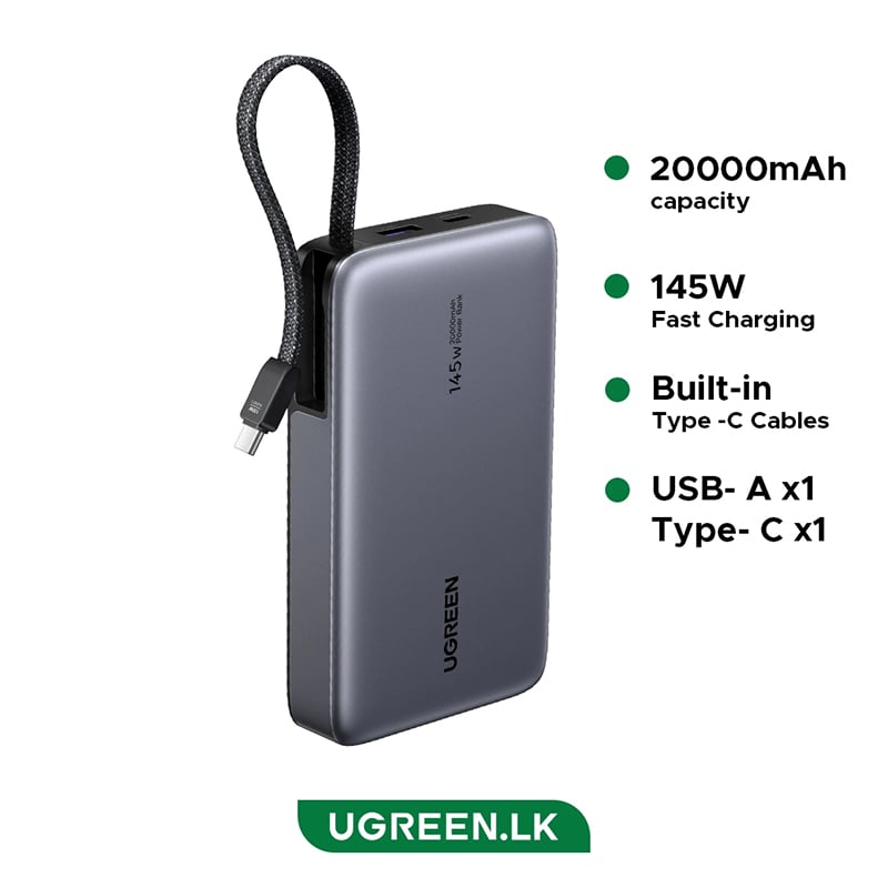 Picture of UGREEN PB551 (55992B) 20000mAh 145W Power Bank with Built-in Cable | 6 Months Warranty - Black