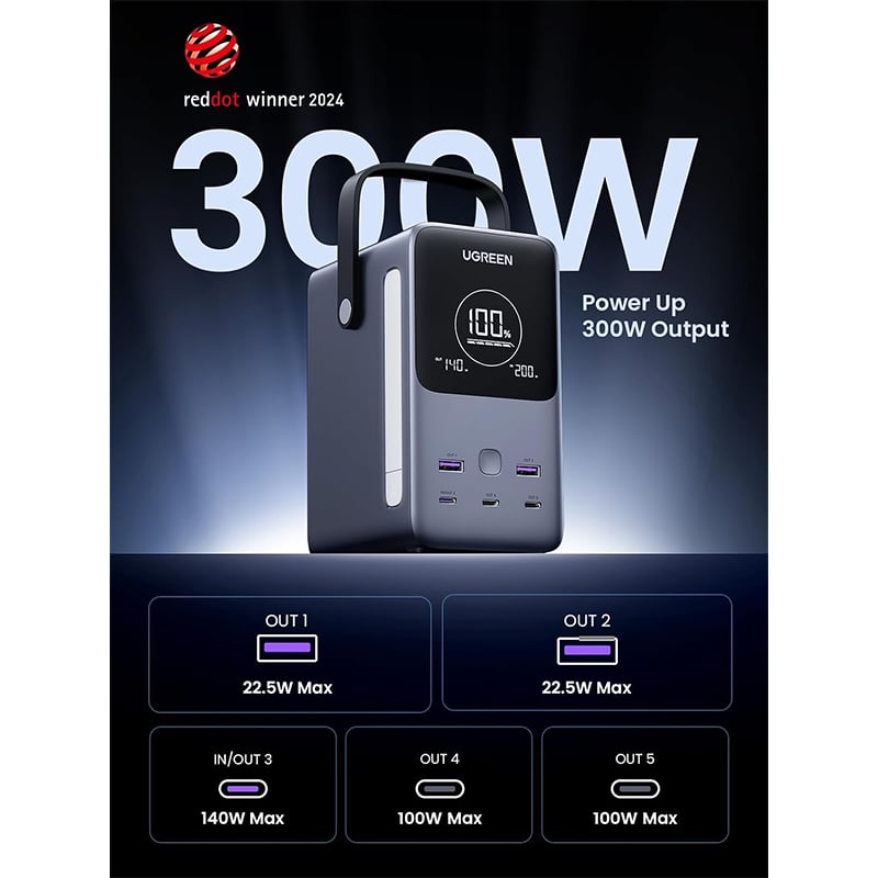 Picture of UGREEN 300W 48000mAh 5 Ports Portable Charger Power Bank with Smart Digital Display PB770 | 18 Months Warranty - Black