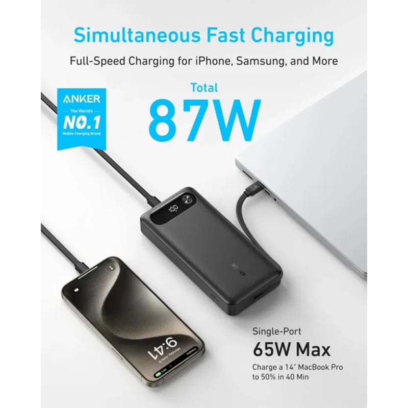 Picture of Anker A1383 87W 20000mAh Power Bank Built In Cable | 18 Months Warranty - Black