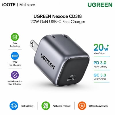 Picture of UGREEN Nexode CD318 20W GaN USB-C Fast Charger – PD 3.0 & QC 3.0 | 18 Months Warranty - Black