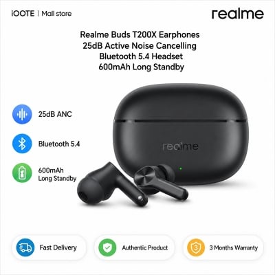 Picture of Realme Buds T200X Earphones 25dB Active Noise Cancelling Bluetooth 5.4 Headset 600mAh Long Standby | 3 Months Warranty - Black