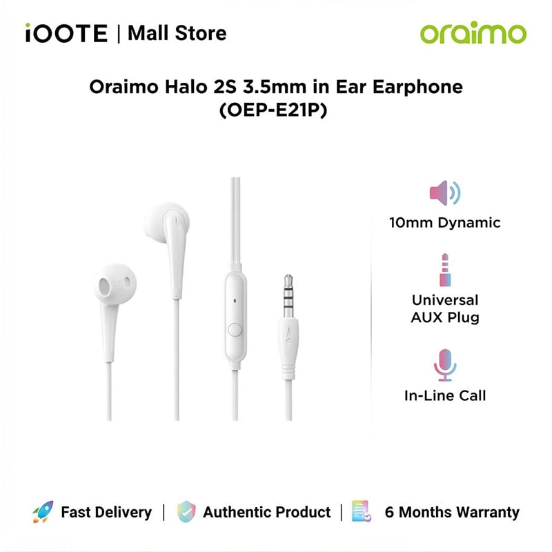 Picture of Oraimo Halo 2S 3.5mm in Ear Earphone (OEP-E21P) | 6 Months Warranty - White