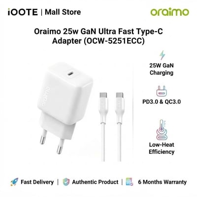 Picture of Oraimo 25w GaN Ultra Fast Type-C Adapter (OCW-5251ECC) | 6 Months Warranty - White