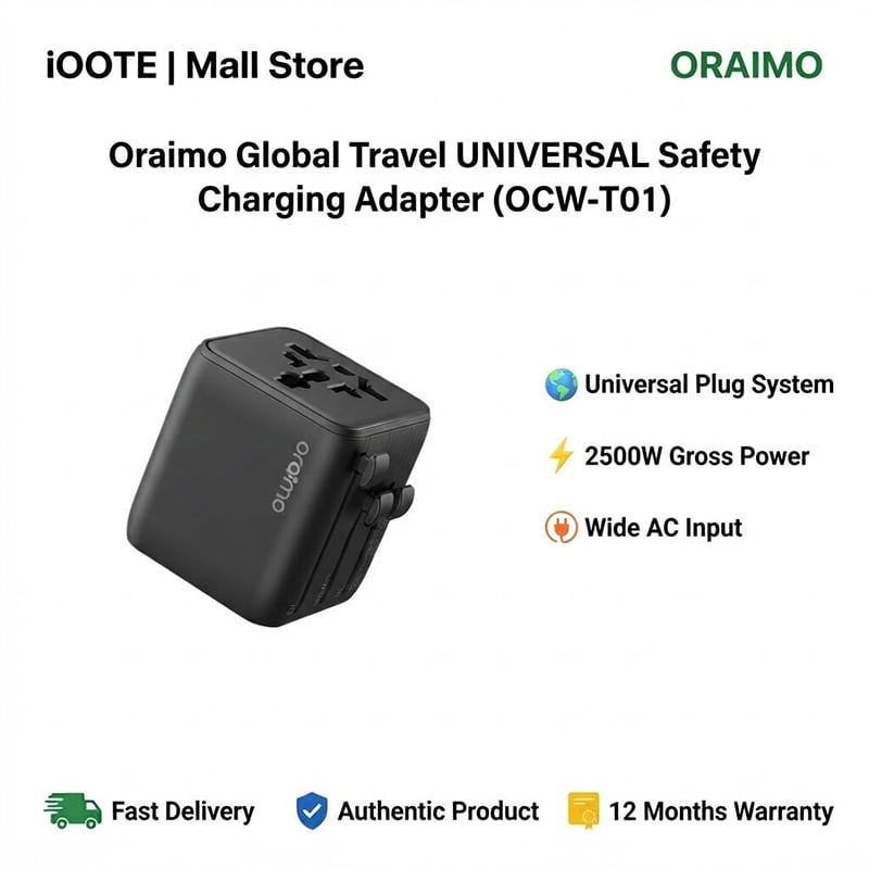 Picture of Oraimo Global Travel UNIVERSAL Safety Charging Adapter (OCW-T01) | 12 Months Warranty - Black