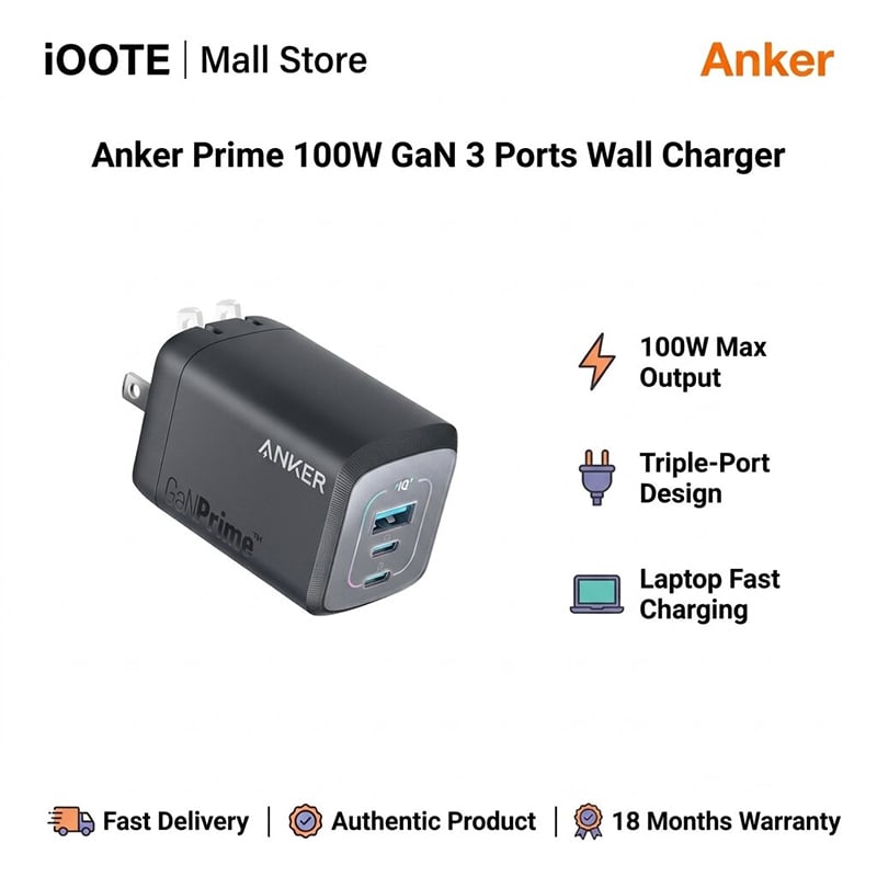 Picture of Anker Prime 100W GaN 3 Ports Wall Charger | 18 Months Warranty - Grey