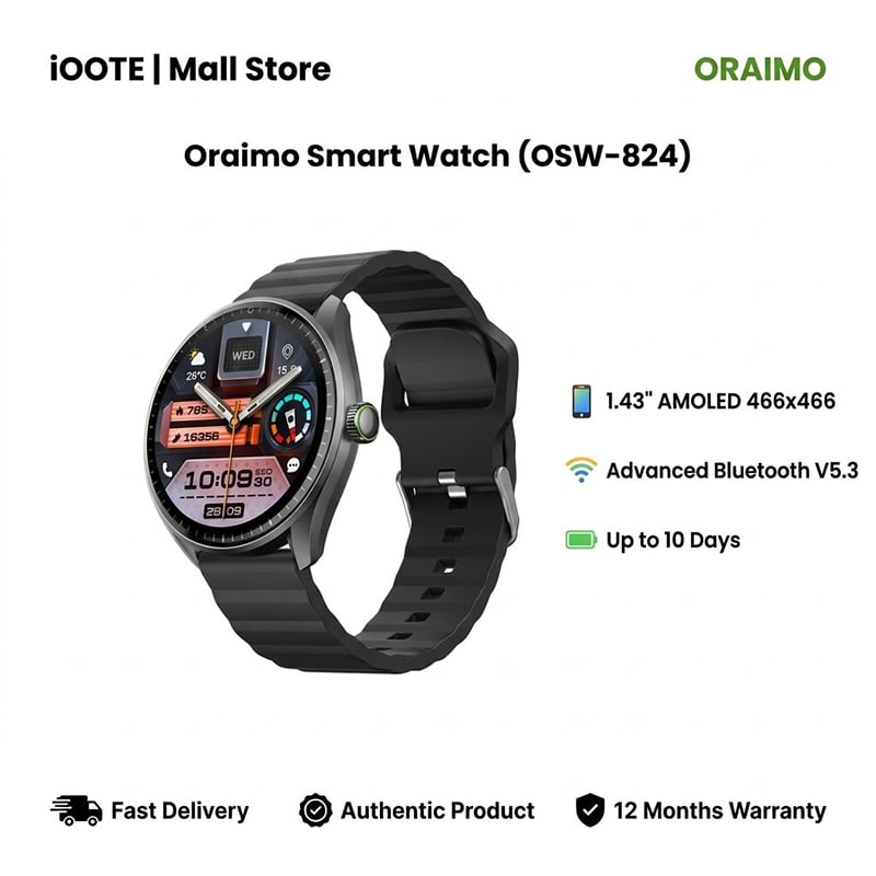 Picture of Oraimo Smart Watch (OSW-824) | 12 Months Warranty - GRAPHITE BLACK