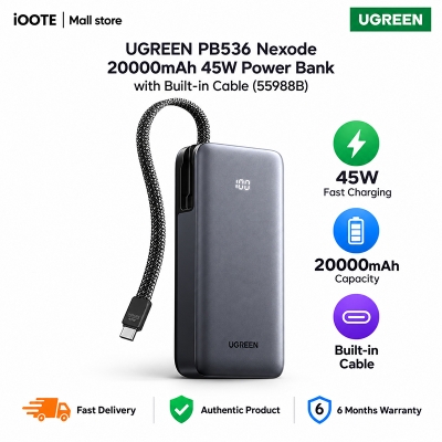 Picture of UGREEN PB536 Nexode 20000mAh 45W Power Bank with Built-in Cable (55988B)  | 6 Months Warranty - Grey