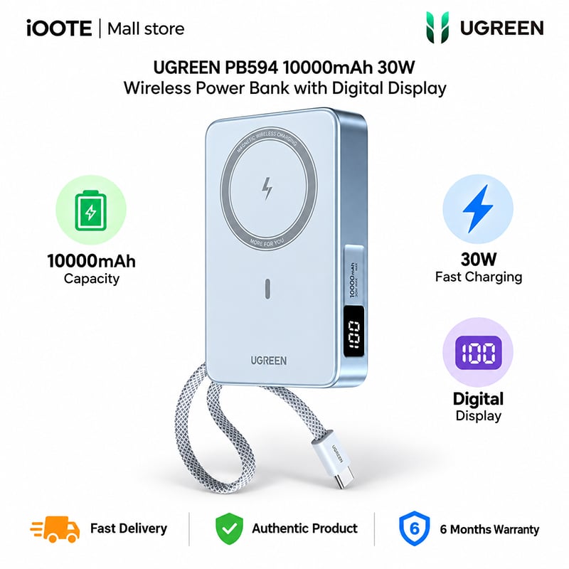Picture of UGREEN PB594 10000mAh 30W Wireless Power Bank with Digital Display | 6 Months Warranty - Blue