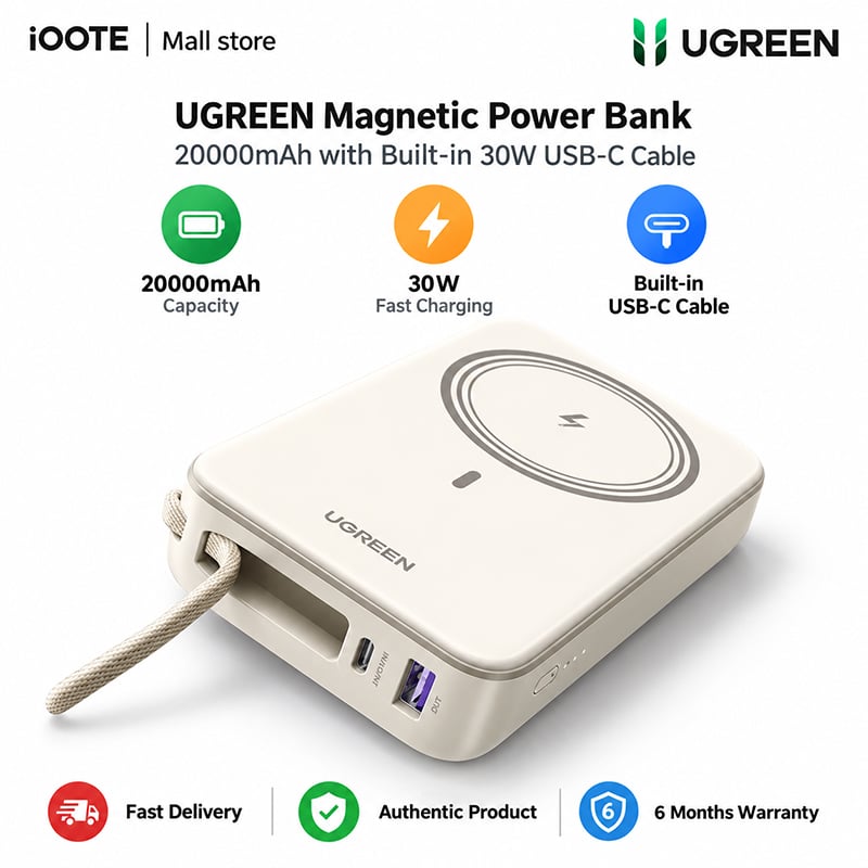Picture of UGREEN Magnetic Power Bank 20000mAh with Built in  30W USB-C Cable | 6 Months Warranty - Beige