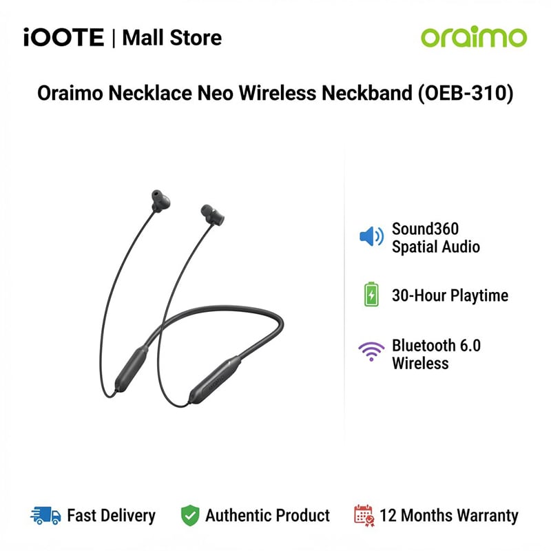 Picture of Oraimo Necklace Neo Wireless Neckband (OEB-310) - GRAVITY BLACK | 12 Months Warranty - Black