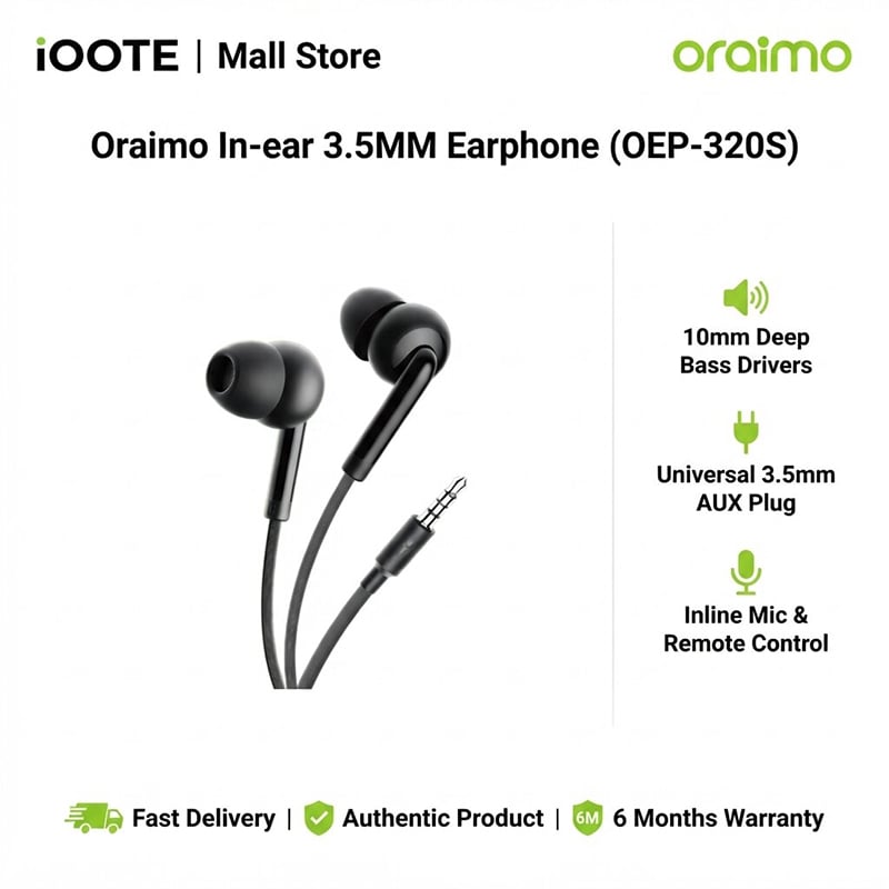 Picture of Oraimo In-ear 3.5MM Earphone (OEP-320S) | 6 Months Warranty - Black