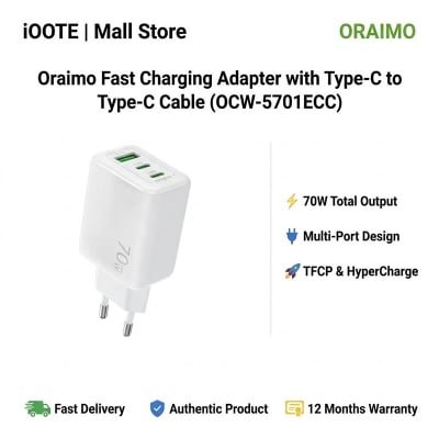 Picture of Oraimo Fast Charging Adapter with Type-C to Type-C Cable (OCW-5701ECC) | 12 Months Warranty - White