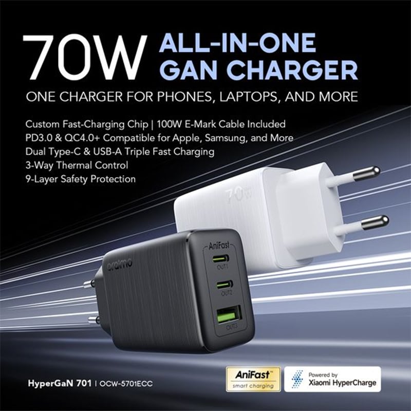 Picture of Oraimo Fast Charging Adapter with Type-C to Type-C Cable (OCW-5701ECC) | 12 Months Warranty - White