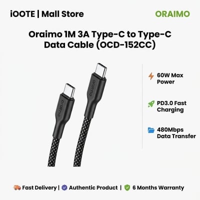 Picture of Oraimo 1M 3A Type-C to Type-C Data Cable (OCD-152CC) | 6 Months Warranty - Black