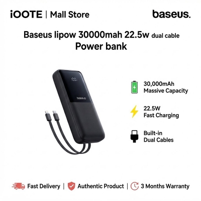 Picture of Baseus lipow 30000mah 22.5w dual cable Power bank | 3 Months Warranty - Black