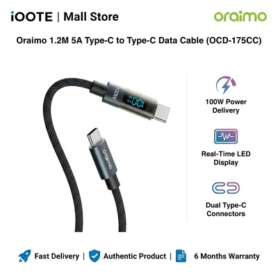 Picture of Oraimo 1.2M 5A Type-C to Type-C Data Cable (OCD-175CC) | 6 Months Warranty - Black