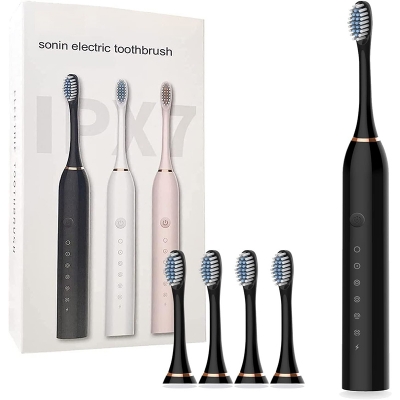 Picture of Portable Rechargeable Electric Toothbrush for Adults & Children, Powerful Sonic Cleaning Toothbrush with 4 Replacement Heads, Multiple Brushing Modes, Smart Timer and Waterproof Travel-Friendly Design