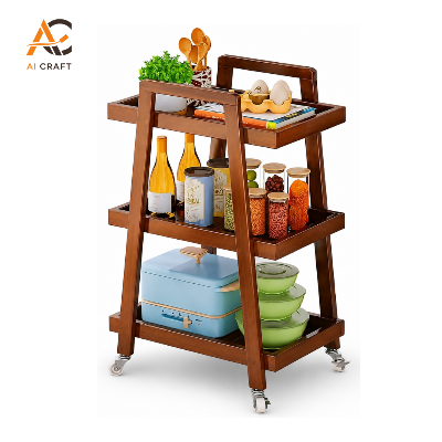 Picture of Three-Tier Mahogany Wood Food Serving Trolley