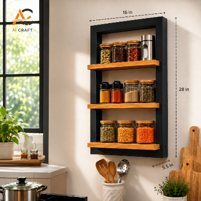Picture of Wall-Mounted Wooden Kitchen Spice Rack with Shelves