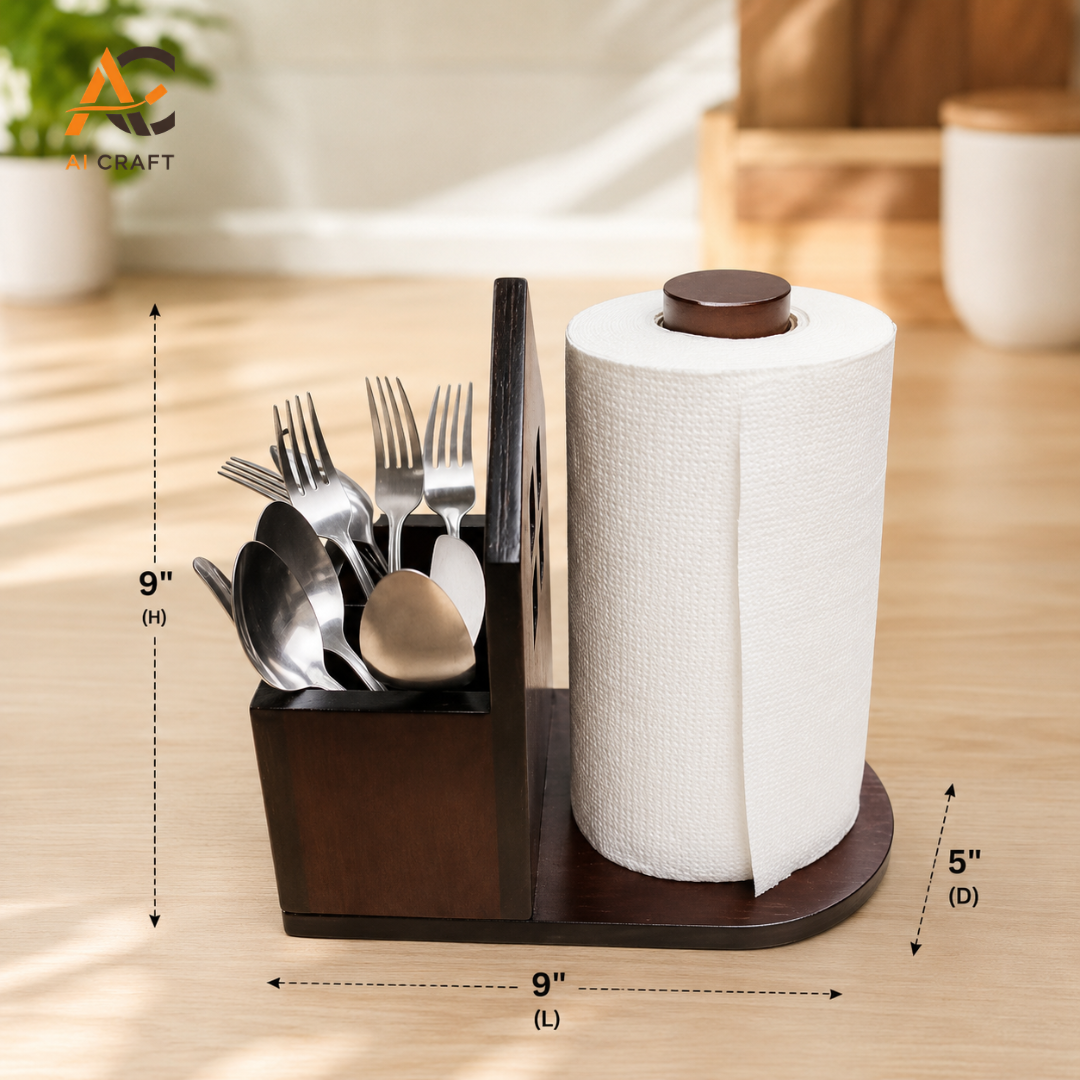 Picture of Premium Wooden Cutlery Organizer & Paper Towel Holder
