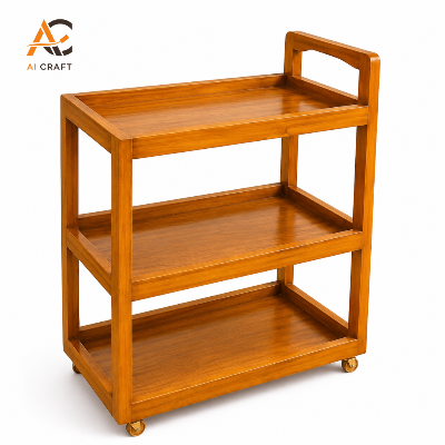 Picture of Premium Wooden 3-Tier Kitchen & Serving Trolley with Wheels