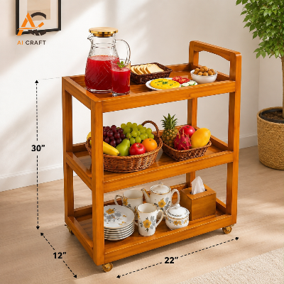 Picture of Premium Wooden 3-Tier Kitchen & Serving Trolley with Wheels