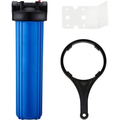 Picture of 20 Inch Whole House jumbo Water Filter Housing 1-Inch Outlet/Inlet with Wrench and Bracket -4.5 Inch x 20 Inch- Blue Color