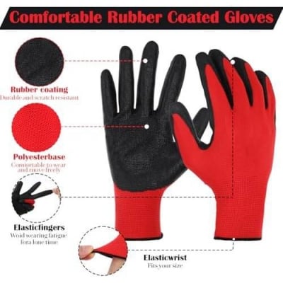 Picture of 1 To 12 Pairs RED Nylon Rubber Coated Safety Hand Gloves 