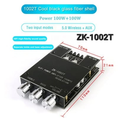 Picture of ZK-1002T 2.0 Channel Bluetooth Amplifier Board, 200W Stereo Audio AMP with Bluetooth and AUX Inputs,with Treble and Bass Control Power Vehicle Amplifier for DIY Speakers Black